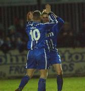 12 January 2002; Finn Harps goalscorers, Kevin McHugh, left, and Niall Cooke, embrace following the FAI Carlsberg Cup Third Round match between Finn Harps and Shelbourne at Finn Park in Ballybofey, Donegal. Photo by David Maher/Sportsfile