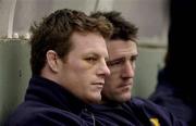 13 January 2002; Malcolm O'Kelly, left, and Emmet Byrne of Leinster sit out the game on the bench during the Heineken Cup Pool 6 Round 6 match between Toulouse and Leinster at the Stade Les Sept Denier in Toulouse, France. Photo by Brendan Moran/Sportsfile