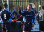 13 January 2002; Michael O'Donnell of UCD, right, celebrates after scoring his side's second goal with team-mate Robert Martin during the FAI Carlsberg Cup Third Round match between Cherry Orchard and UCD at Capco Park in Dublin. Photo by David Maher/Sportsfile