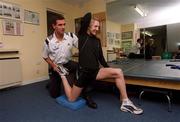 10 January 2002; Paula Radcliffe of Great Britain is treated by Physical Therapist Gerard Hartmann in Limerick. Photo by Damien Eagers/Sportsfile