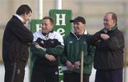 15 January 2002; Coaching team from left, forwards coach, Niall O'Donovan, head coach, Eddie O'Sullivan, defensive coach, Mike Ford, and assistant coach Declan Kidney during a Ireland Rugby squad training session and press conference at Thomond Park in Limerick. Photo by Brendan Moran/Sportsfile