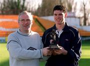 17 January 2002; Pictured at the presentation of the eircom/Soccer Writers Association of Ireland award for the player of the month for December is Shelbourne manager  Dermot Keely and winner of the award Kevin Doherty of Shelbourne at Tolka Park in Dublin. Photo by Ray McManus/Sportsfile