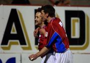 18 January 2002; Stephen Geoghegan of Shelbourne, left, celebrates after scoring his side's first goal with team-mate Jim Crawford during the eircom League Premier Division match between Shelbourne and St Patrick's Athletic at Tolka Park in Dublin. Photo by David Maher/Sportsfile