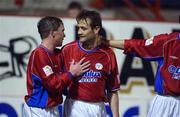 18 January 2002; Stephen Geoghegan of Shelbourne, right, celebrates after scoring his side's first goal with team-mate Richie Baker during the eircom League Premier Division match between Shelbourne and St Patrick's Athletic at Tolka Park in Dublin. Photo by David Maher/Sportsfile