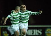 19 January 2002; Sean Francis of Shamrock Rovers celebrates after scoring his side's second goal with team-mate Shane Robinson during the eircom League Premier Division match between Shamrock Rovers and Dundalk at Richmond Park in Dublin. Photo by Pat Murphy/Sportsfile
