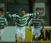 19 January 2002; Sean Francis of Shamrock Rovers celebrates after scoring his side's second goal during the eircom League Premier Division match between Shamrock Rovers and Dundalk at Richmond Park in Dublin. Photo by Pat Murphy/Sportsfile