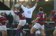 19 January 2002; Dave O'Brien of Clontarf,takes the ball in the air from Cian Mahony of Cork Constitution during the AIB All-Ireland League Division 1 match between Cork Constitution and Clontarf at Temple Hill in Cork. Photo by Matt Browne/Sportsfile