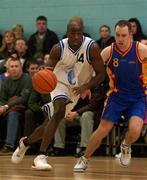 20 January 2002; James Singleton of Waterford Crystal races clear of David Donnelly of St Vincent's during the ESB Men's Superleague match between St Vincent's and Waterford Crystal at St Vincent's Basketball Club in Glasnevin, Dublin. Photo by Brendan Moran/Sportsfile