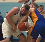 20 January 2002; Ryan Gorman of Waterford Crystain action against John Kelleher of St Vincent' during the ESB Men's Superleague match between St Vincent's and Waterford Crystal at St Vincent's Basketball Club in Glasnevin, Dublin. Photo by Brendan Moran/Sportsfile