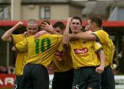 20 January 2002; Bohemians players, from left, Brian Shelley, Glen Crowe, Fergal Harkin, Colin Hawkins, Simon Webb and Stephen Caffrey celebrate after Glen Crowe scores a goal during the eircom League Premier Division match between Cork City and Bohemians at Turners Cross in Cork. Photo by Matt Browne/Sportsfile