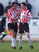 20 January 2002; Derry City players Darren Kelly, left and Gareth McGlynn celebrate after Stephen Higgins of St Kevin's Boys scored an own goal during the FAI Carlsberg Cup Third Round Replay match between Derry City and St Kevin's Boys at The Brandywell in Derry. Photo by David Maher/Sportsfile