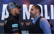 8 December 2016; Anthony Joshua and Eric Molina square off following a press conference prior to their fight at the Radisson Hotel in Manchester, England. Photo by Stephen McCarthy/Sportsfile