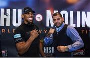8 December 2016; Anthony Joshua and Eric Molina square off following a press conference prior to their fight at the Radisson Hotel in Manchester, England. Photo by Stephen McCarthy/Sportsfile