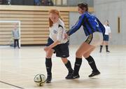 8 December 2016; Kelsey McAteer of Loreto Community School, Milford, Co. Donegal in action against Laurie Adams of Pobalscoil Inbhear Sceine, Kenmare, Co. Kerry, during the Post Primary Schools National Futsal Finals match between Loreto Community School, Milford, Co. Donegal and Pobalscoil Inbhear Sceine, Kenmare, Co. Kerry at Waterford IT Sports Arena in Waterford. Photo by Matt Browne/Sportsfile