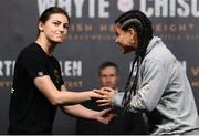 9 December 2016; Katie Taylor, left, and Viviane Obenauf square off during the official weigh-in at the Victoria Warehouse in Manchester prior Anthony Joshua v Eric Molina fight night at the Manchester Arena in Manchester, England. Photo by Stephen McCarthy/Sportsfile