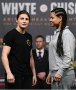 9 December 2016; Katie Taylor, left, and Viviane Obenauf square off during the official weigh-in at the Victoria Warehouse in Manchester prior Anthony Joshua v Eric Molina fight night at the Manchester Arena in Manchester, England. Photo by Stephen McCarthy/Sportsfile