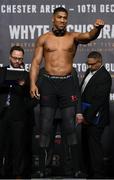 9 December 2016; Anthony Joshua during the official weigh-in at the Victoria Warehouse in Manchester prior to the Anthony Joshua v Eric Molina fight card at the Manchester Arena in Manchester, England. Photo by Stephen McCarthy/Sportsfile