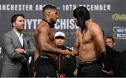 9 December 2016; Anthony Joshua, left, and Eric Molina shake hands during the official weigh-in at the Victoria Warehouse in Manchester prior to the Anthony Joshua v Eric Molina fight card at the Manchester Arena in Manchester, England. Photo by Stephen McCarthy/Sportsfile