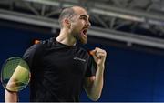 9 December 2016; Scott Evans of Ireland celebrates a point against against Ching-Hung Kuo of Chinese Taipei during their Quarter Final of the 2016 FZ Forza Irish Open Badminton Championships at the National Indoor Arena in Abbotstown, Dublin. Photo by Ramsey Cardy/Sportsfile