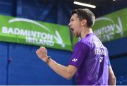9 December 2016; Joshua Magee of Ireland celebrates a point against Alexandr Zinchenko and Konstantin Abramov of Russia during their Men's Doubles Quarter Final of the 2016 FZ Forza Irish Open Badminton Championships at the National Indoor Arena in Abbotstown, Dublin. Photo by Ramsey Cardy/Sportsfile