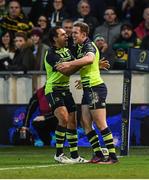 9 December 2016; Rory O'Loughlin of Leinster is congratulated by team mate Isa Nacewa, left, after scoring his side's third try during the European Rugby Champions Cup Pool 4 Round 3 match between Northampton Saints and Leinster at Franklin's Gardens in Northampton, England. Photo by Stephen McCarthy/Sportsfile