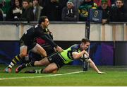 9 December 2016; Rory O'Loughlin of Leinster scores his side's third try despite the tackle from Ben Foden of Northampton Saints during the European Rugby Champions Cup Pool 4 Round 3 match between Northampton Saints and Leinster at Franklin's Gardens in Northampton, England. Photo by Stephen McCarthy/Sportsfile