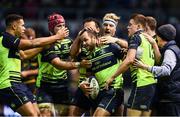 9 December 2016; Jamison Gibson-Park of Leinster is congratulated team mates, from left, Adam Byrne, Josh van der Flier, Isa Nacewa, James Tracy and Garry Ringrose after scoring his side's fourth try during the European Rugby Champions Cup Pool 4 Round 3 match between Northampton Saints and Leinster at Franklin's Gardens in Northampton, England. Photo by Stephen McCarthy/Sportsfile