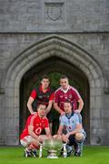 4 May 2011; At the launch of the 2011 GAA Football All-Ireland Senior Championship in University College Cork, are, from bottom left, Paul Kerrigan, Cork, Brendan McVeigh, Down, Padraic Joyce, Galway, and Barry Cahill, Dublin. Launch of 2011 GAA Football All-Ireland Championship, UCC, Cork. Picture credit: Brendan Moran / SPORTSFILE
