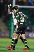 9 December 2016; George Pisi of Northampton Saints receives a yellow card from referee Jérôme Garcès following a high tackle on Isa Nacewa of Leinster during the European Rugby Champions Cup Pool 4 Round 3 match between Northampton Saints and Leinster at Franklin's Gardens in Northampton, England. Photo by Stephen McCarthy/Sportsfile
