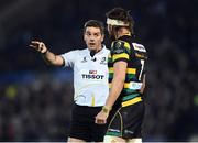 9 December 2016; Referee Jérôme Garcès speaks with Tom Wood of Northampton Saints during the European Rugby Champions Cup Pool 4 Round 3 match between Northampton Saints and Leinster at Franklin's Gardens in Northampton, England. Photo by Stephen McCarthy/Sportsfile