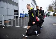 10 December 2016; Ulster's Luke Marshall, left, Chris Henry, centre, and Jacob Stockdale arrive ahead of the European Rugby Champions Cup Pool 5 Round 3 match between Ulster and ASM Clermont Auvergne at the Kingspan Stadium in Belfast. Photo by Ramsey Cardy/Sportsfile