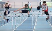 10 December 2016; Shane Monagle, centre, of Ireland, from Ard Scoil na Mara, Tramore, races alongside Joel McFarlane, left, of Scotland, from Camoustle HS, and Joshua Hewitt, right, of England, from Castle Rushen School, Isle of Man, during the Over 16 Boys 60m hurdles at the Combined Events Schools International games at Athlone IT in Co. Westmeath. Photo by Cody Glenn/Sportsfile