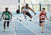 10 December 2016; Theophilus Adesina, centre, of England, from William Edwards School, Grays, races alongside Nelvin Applah, left, of Ireland, from Moyne Community School, and Daniel John, right, of Wales, from Ysgol Gyfun Gartholwg, during the Under16 Boys 60m hurdles at the Combined Events Schools International games at Athlone IT in Co. Westmeath. Photo by Cody Glenn/Sportsfile