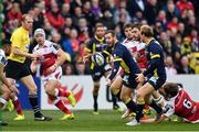 10 December 2016; Camille Lopez of ASM Clermont Auvergne passes to Nick Abendanon, right, to set up his side's first try during the European Rugby Champions Cup Pool 5 Round 3 match between Ulster and ASM Clermont Auvergne at the Kingspan Stadium in Belfast. Photo by Ramsey Cardy/Sportsfile