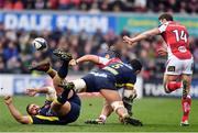 10 December 2016; Kyle McCall of Ulster offloads during the tackle by Sébastien Vahaamahina of ASM Clermont Auvergne during the European Rugby Champions Cup Pool 5 Round 3 match between Ulster and ASM Clermont Auvergne at the Kingspan Stadium in Belfast. Photo by Ramsey Cardy/Sportsfile