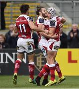 10 December 2016; Luke Marshall of Ulster, right, celebrates with teamates Stuart McCloskey, centre, and Louis Ludik after he scored his sides first try during the European Rugby Champions Cup Pool 5 Round 3 match between Ulster and ASM Clermont Auvergne at the Kingspan Stadium in Belfast. Photo by Oliver McVeigh/Sportsfile