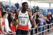 10 December 2016; Theophilus Adesina of England, from William Edwards School, Grays, celebrates winning his heat in the Under 16 Boys 200m event at the Combined Events Schools International games at Athlone IT in Co. Westmeath. Photo by Cody Glenn/Sportsfile