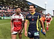 10 December 2016; Charles Piutau of Ulster and Benson Stanley of ASM Clermont Auvergne after the European Rugby Champions Cup Pool 5 Round 3 match between Ulster and ASM Clermont Auvergne at the Kingspan Stadium in Belfast. Photo by Oliver McVeigh/Sportsfile