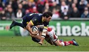 10 December 2016; Rémi Lamerat of ASM Clermont Auvergne is tackled by Paddy Jackson of Ulster during the European Rugby Champions Cup Pool 5 Round 3 match between Ulster and ASM Clermont Auvergne at the Kingspan Stadium in Belfast. Photo by Oliver McVeigh/Sportsfile