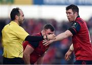 10 December 2016; Referee Romain Poite with Peter O'Mahony of Munster during the European Rugby Champions Cup Pool 1 Round 3 match between Munster and Leicester Tigers at Thomond Park in Limerick. Photo by Diarmuid Greene/Sportsfile