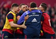 10 December 2016; Simon Zebo of Munster celebrates with team-mates after scoring his side's first try during the European Rugby Champions Cup Pool 1 Round 3 match between Munster and Leicester Tigers at Thomond Park in Limerick. Photo by Brendan Moran/Sportsfile