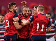 10 December 2016; Simon Zebo of Munster celebrates with team-mates Jaco Taute, left, Ian Keatley and Keith Earls after scoring their side's first try during the European Rugby Champions Cup Pool 1 Round 3 match between Munster and Leicester Tigers at Thomond Park in Limerick. Photo by Brendan Moran/Sportsfile