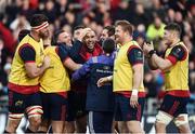 10 December 2016; Simon Zebo of Munster celebrates with team-mates after scoring his side's first try during the European Rugby Champions Cup Pool 1 Round 3 match between Munster and Leicester Tigers at Thomond Park in Limerick. Photo by Diarmuid Greene/Sportsfile