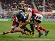 10 December 2016; Alivereti Raka of ASM Clermont Auvergne is held up near the try line by Luke Marshall, right, and Paddy Jackson of Ulster during the European Rugby Champions Cup Pool 5 Round 3 match between Ulster and ASM Clermont Auvergne at the Kingspan Stadium in Belfast. Photo by Oliver McVeigh/Sportsfile