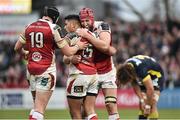 10 December 2016; Peter Browne of Ulster, right, celebrates with Charles Piutau, centre, and Kieran Treadmill celebrate after the final whistle in the European Rugby Champions Cup Pool 5 Round 3 match between Ulster and ASM Clermont Auvergne at the Kingspan Stadium in Belfast. Photo by Oliver McVeigh/Sportsfile