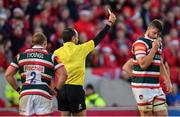 10 December 2016; Ed Slater, right, of Leicester Tigers is shown a yellow card by referee Romain Poite during the European Rugby Champions Cup Pool 1 Round 3 match between Munster and Leicester Tigers at Thomond Park in Limerick. Photo by Brendan Moran/Sportsfile