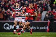 10 December 2016; Simon Zebo of Munster on the way to scoring his side's first try during the European Rugby Champions Cup Pool 1 Round 3 match between Munster and Leicester Tigers at Thomond Park in Limerick. Photo by Brendan Moran/Sportsfile
