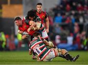 10 December 2016; Dave Kilcoyne of Munster is tackled by Logovii Mulipola and Michael Fitzgerald of Leicester Tigers during the European Rugby Champions Cup Pool 1 Round 3 match between Munster and Leicester Tigers at Thomond Park in Limerick. Photo by Brendan Moran/Sportsfile