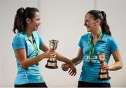 10 December 2016; Anne Tran, left, and Emilie Lefel of France celebrate after defeating Julie Finne-Ipsen and Rikke Soby of Denmark following their women's doubles final match at the 2016 FZ Forza Irish Open Badmintion Championships at the National Indoor Arena in Abbotstown, Dublin. Photo by David Fitzgerald/Sportsfile