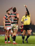 10 December 2016;  George Worth of Leicester Tigers is shown a yellow card by referee Romain Poite for preventing Jaco Taute of Munster from scoring a try during the European Rugby Champions Cup Pool 1 Round 3 match between Munster and Leicester Tigers at Thomond Park in Limerick. Photo by Brendan Moran/Sportsfile